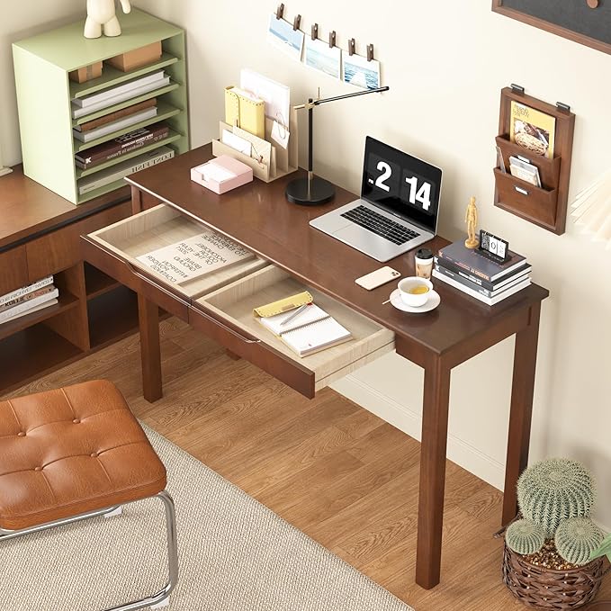 Solid Wood Desk with Drawers - 47 x 16 Inch Vintage Narrow Desks, Mid Century Modern Desks, Rubber Wood Study Table, Small Writing Desk for Bedroom|Small Spaces - Walnut Color