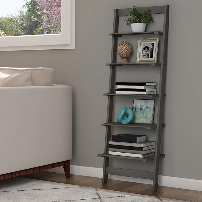 5-Tier Ladder Shelf - 50-Inch Narrow Leaning Bookshelf - Wooden Bookcase for Living Room, Bathroom, Kitchen, Office, or Bedroom Furniture by Lavish Home (Gray)