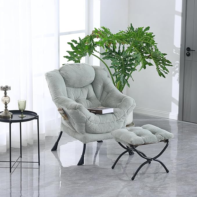 Tiita Lazy Chair with Ottoman, Green Modern Large Accent Chair, Comfy Leisure Sofa Armchair with Ottoman, Reading Chair with Footrest for Bedroom, Living Room, Dorm Rooms, Plush Green