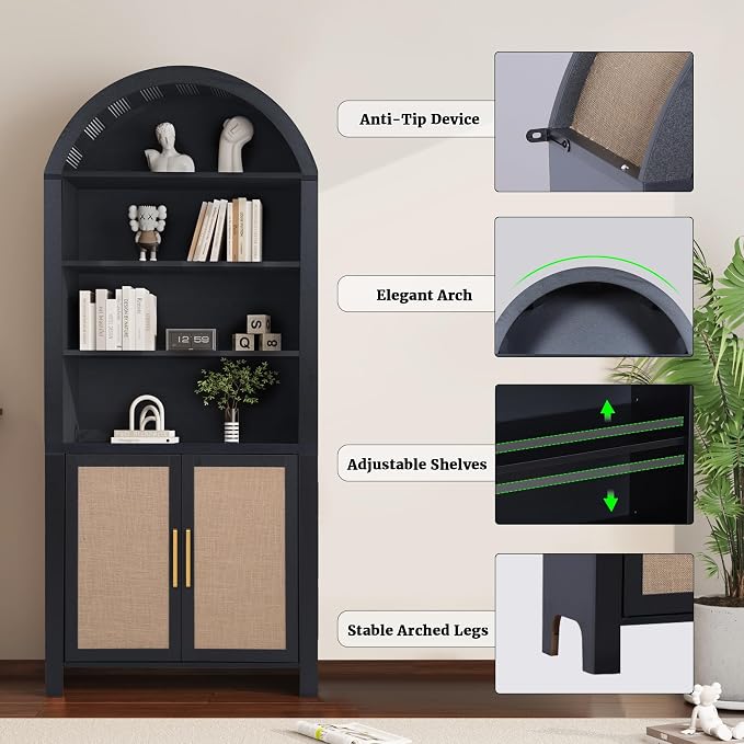 Janmer Home 71" Tall Arched Bookcase with Storage, Modern 6-Tier Arch Cabinet with Door, Arched Bookshelf Cabinet with Open Display Storage Shelf for Living Room (Black,)
