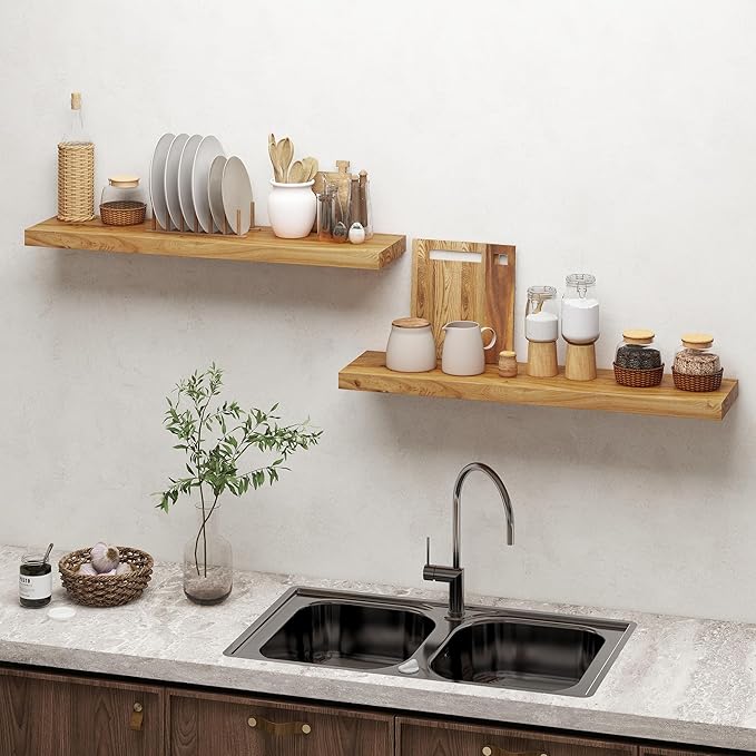 Wood Floating Shelves 36 Inch Long, Rustic Solid Elm Wood Shelves for Home Decor, 8 Inch Deep Wall Shelf with Invisible Bracket for Living Room Bathroom Bedroom Kitchen, Natural Color, Set of 2