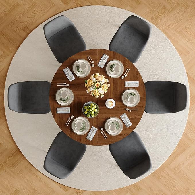 47" Round Dining Table Set for 6, Walnut Wood Grain Table and 6 Dark Gray Linen Upholstered Chairs Set, Mid Century Modern Kitchen Table Set with Cross Legs