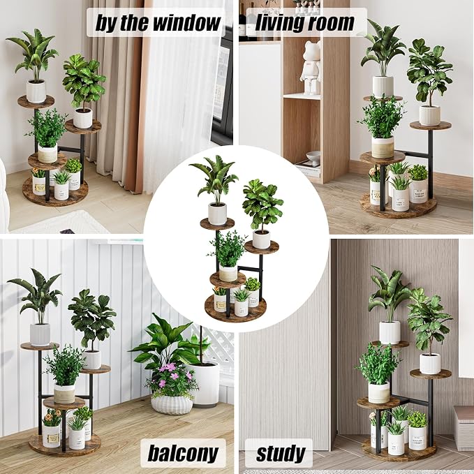 INGIORDAR Plant Stand Indoor Outdoor Corner Plant Shelf for Multiple Flower Pots Flower Stand Holder for Patio Garden Balcony Living Room (Black+Rustic Brown, 4 Tier)