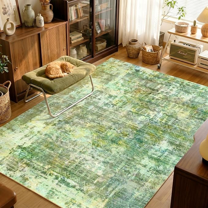 Kokia Abstract Green Area Rugs Washable Indoor 6x9 Rug Boho Distressed Retro Low Pile Non-Slip Non-Shedding Carpet Bedroom Living Room Dining Room, Sage Green