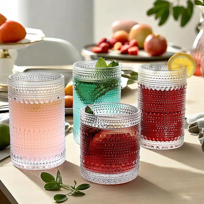 Vintage Hobnail Driinking Glasses Set, Glassware Drinking Set of 8, 12 oz Highball Glasses & 10 oz Cocktail Glasses, Tumbler Glasses for Cocktails, Whiskey, Juice, Milk, Clear