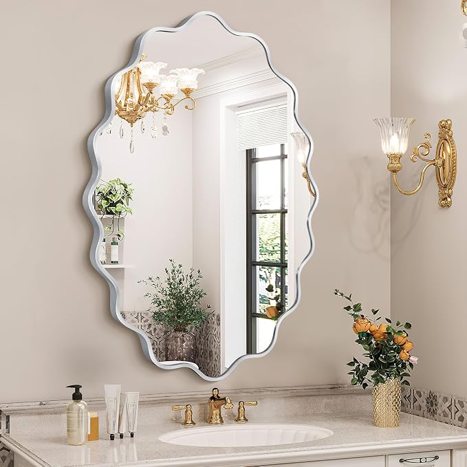 Oval Wavy Wall Mirror -Irregular Wall Mirror with Silver Asymmetrical Aluminum Alloy Frame,24"x36" Decorative Wall Mirrors for Bathroom, Bedroom, Living Room, Dining Room，Entryway