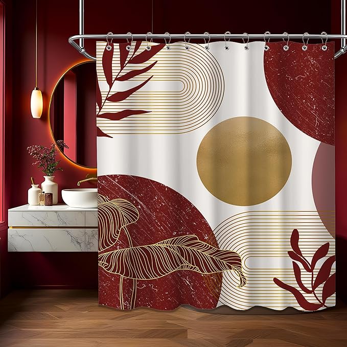 Red and Gold Shower Curtain Burgundy Dark Red and White Shower Curtains for Bathroom Decor Abstract MCM Bath Curtain Set, Waterproof Fabric with Hooks 70 x 84 Inch