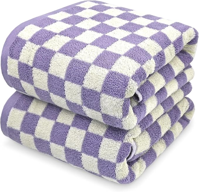 Jacquotha Shower Towels for Bathroom 27.5x55 Inches - Quick Dry Bath Towels Soft & Lightweight (2Pack), Cute Checkered Towel Sets Lilac, 520 GSM Absorbent Cotton