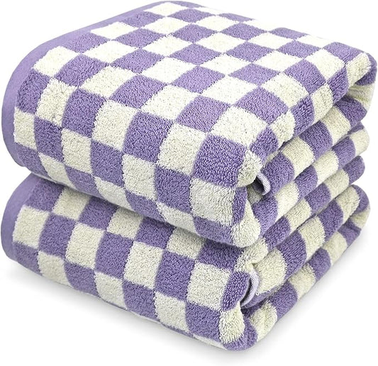 Jacquotha Shower Towels for Bathroom 27.5x55 Inches - Quick Dry Bath Towels Soft & Lightweight (2Pack), Cute Checkered Towel Sets Lilac, 520 GSM Absorbent Cotton