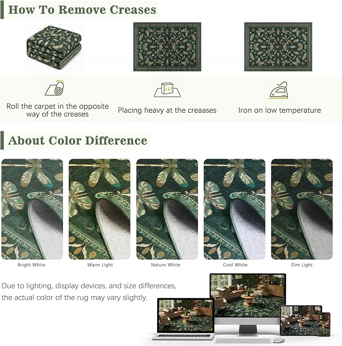 DCX 8x10 Washable Insect Rug, Vintage Gothic Dark Green Rug with Non-Slip Rubber Backing, Soft Low-Pile, Stain-Resistant, Kid & Pet Friendly, for Living Room, Bedroom, Office, and Nature-Themed Decor