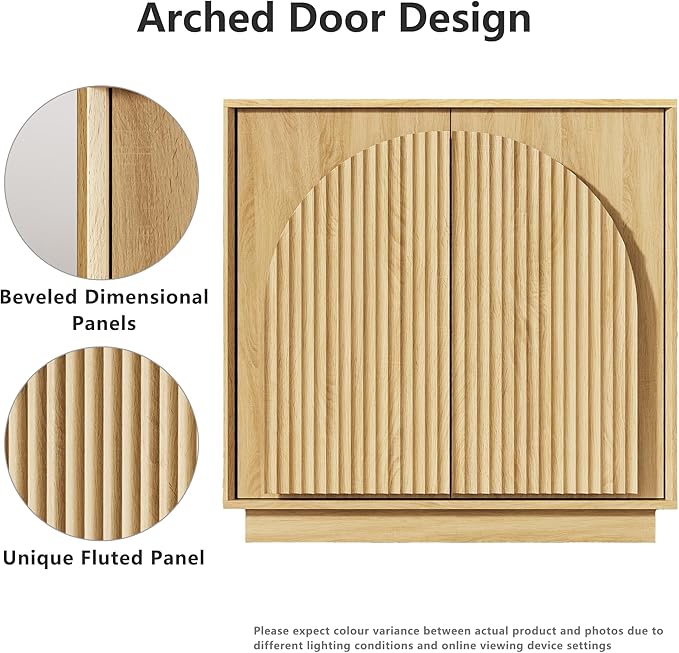win2win Fluted Sideboard Buffet Cabinet with Storage, 31.5" Modern Boho Accent Cabinet with Double-Layered Arch Doors, Small Wood Console Credenza for Living Room, Dining Room, Entryway, Hallway, Oak