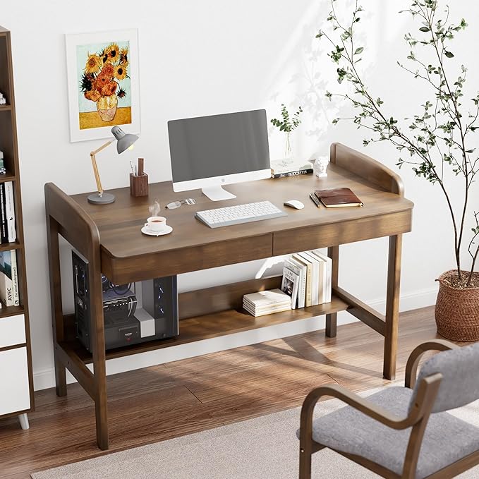 100% Solid Wood Desk with Drawers - 40 Inch Mid Century Modern Desk, Rubber Wood Vintage Desks, Manual Standing & Adjustable Height Writing Desks for Bedroom|Small Spaces - Walnut Color