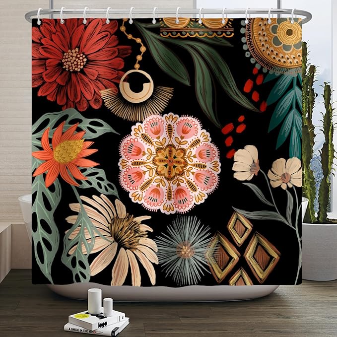 Black Boho Floral Shower Curtain Abstract Botanical Mid Century Modern Bathroom Decor Tropical Flower Shower Curtain with 12 Hooks,72x84 inches