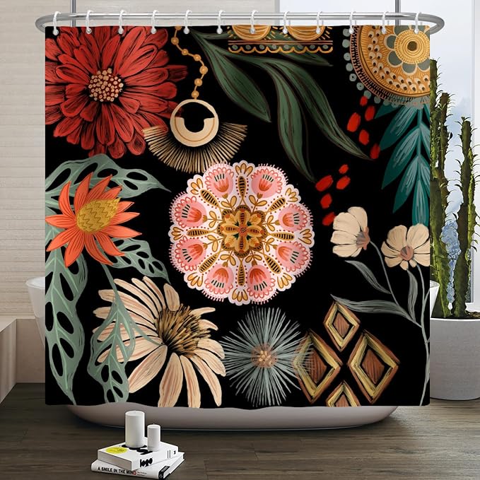 Black Boho Floral Shower Curtain Abstract Botanical Mid Century Modern Bathroom Decor Tropical Flower Shower Curtain with 12 Hooks,72x78 inches