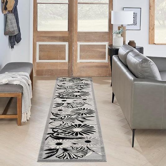 Nourison Home Aloha Black White 2' x 6' Area Rug - Easy Clean, Non Shedding, Bed Room, Living Room, Dining Room, Kitchen (6' Runner)