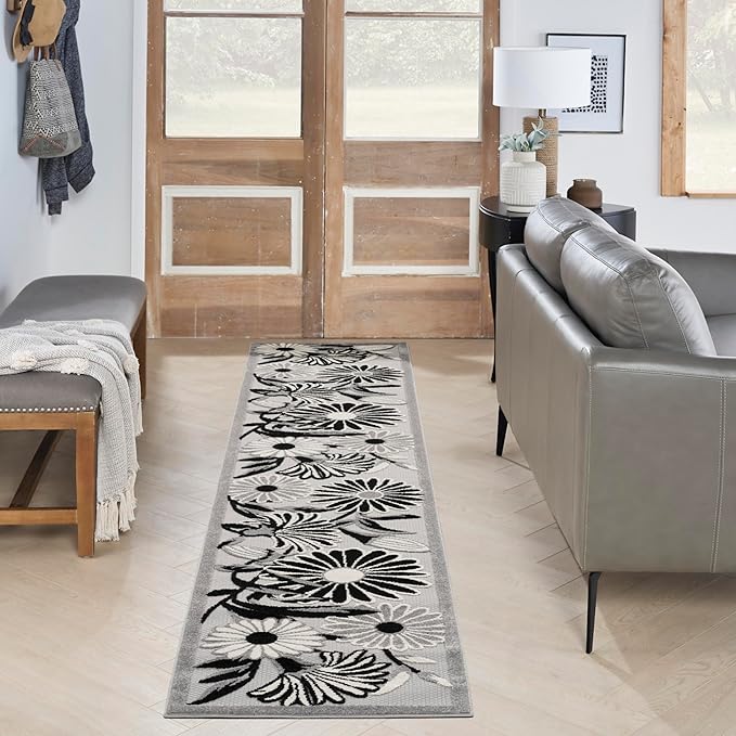 Nourison Home Aloha Black White 2'3" x 8' Area Rug - Easy Clean, Non Shedding, Bed Room, Living Room, Dining Room, Kitchen (8' Runner)