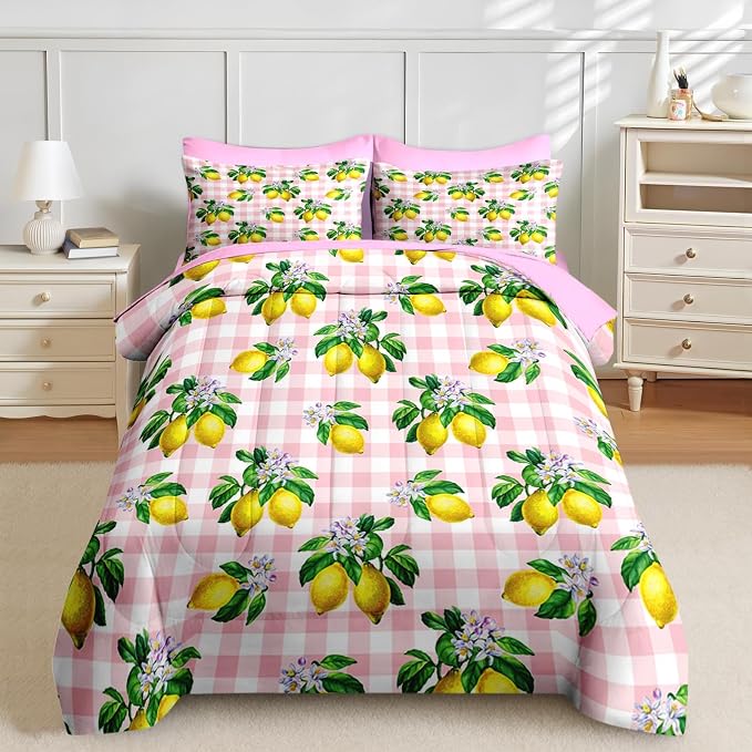 Nesker 5 Pcs Comforter Set Twin Size, Stripe Lemons Fruit Bedding Set for Kids and Adults, Summer Palm Pink White Plaid Bed Sheet Sets with Fitted Sheet Pillowcases & Shams