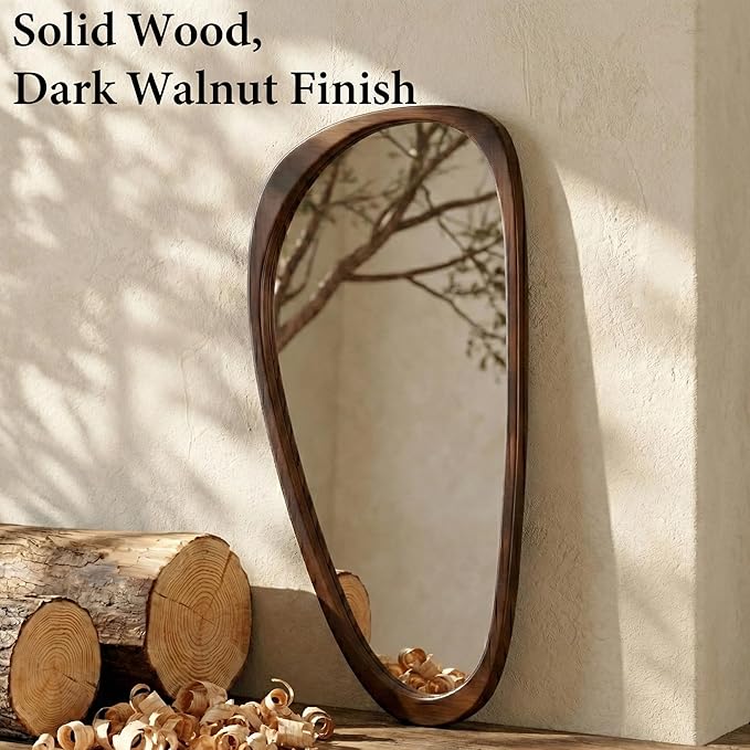 Irregular Asymmetrical Wall Mirror 48"×24" with Solid Wood Frame, Sculptural Mid-Century Modern Decorative Full-Length Wall Mirror for Living Room, Entryway & Bedroom