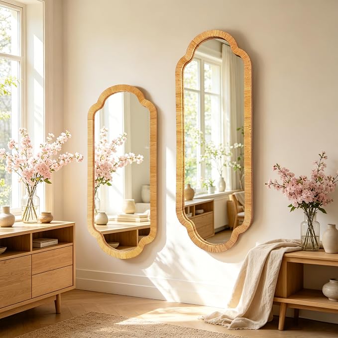 BAODANFU Full Length Rattan Mirror, Decorative Wall Mirrors of Hallway, Entryway, Long Scalloped 18 x 53 inch Dressing Mirror for Bedroom Vanity Walk-in Closet Living Dining Room