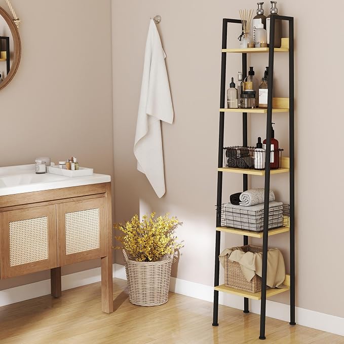 Ladder Shelf, 5 Tier Ladder Shelf, 13.5” Wide Tower Storage Shelf for Books, Anti Tip Feature, Steel Frame, Perfect for Bookshelf, Plants, Kitchen, Living Room, Office, Natural Oak