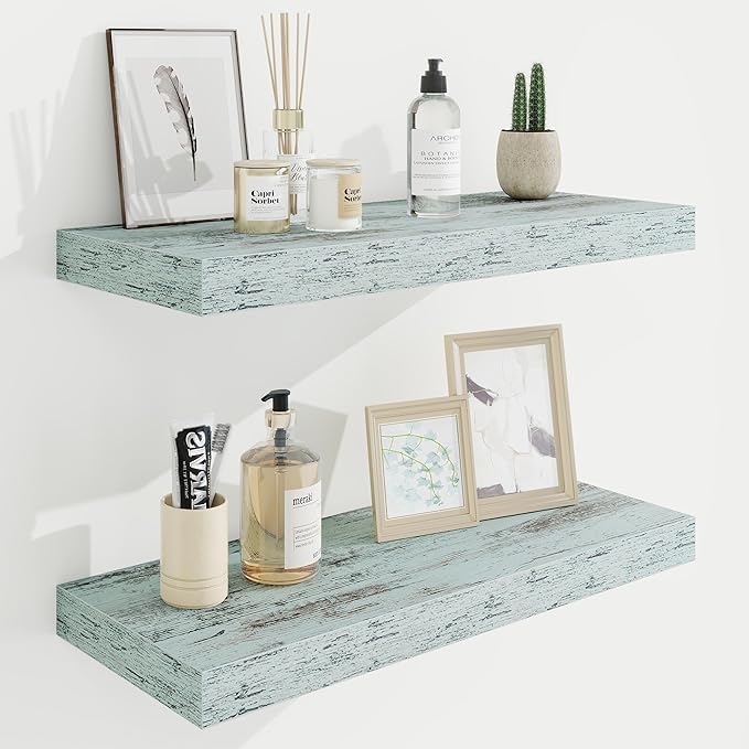 24in Floating Shelves for Wall, 24"W x 9.25"D x 1.25"H, 2 Pack Long Wall Mounted Engineered Wood Shelves with Invisible Brackets for Living Room, Bedroom, Bathroom, Kitchen Decor and Storage, Blue