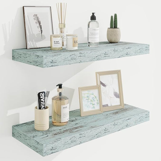 24in Floating Shelves for Wall, 24"W x 9.25"D x 1.25"H, 2 Pack Long Wall Mounted Engineered Wood Shelves with Invisible Brackets for Living Room, Bedroom, Bathroom, Kitchen Decor and Storage, Blue