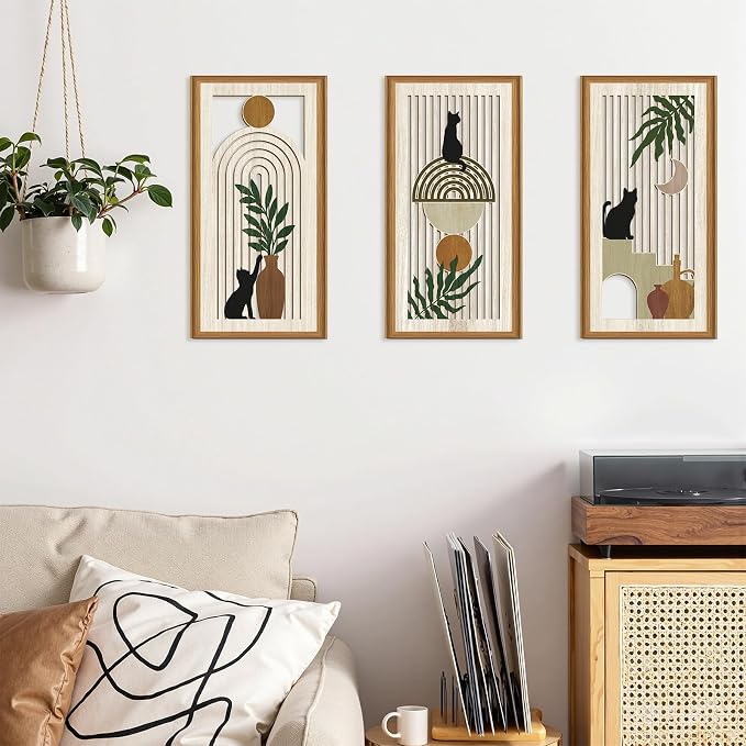 Ausril 3Pcs Boho Black Cat Wall Decor,Boho Cats Wall Art,Mid Century Modern Decor Black Kitty,Abstract Geometric Cats Artwork,Minimalist Botanical Bohemian Cat Wood Art for Home Bedroom Living Room