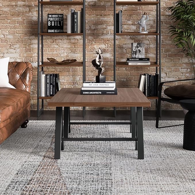 SIMPLIHOME Sawhorse 48 inch Wide Rectangle Industrial SOLID WALNUT WOOD and Metal Coffee Table in Walnut for the Living Room and Family Room