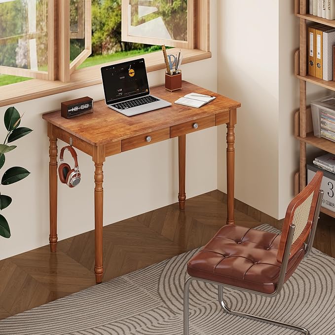 Solid Wood Writing Desk with Drawers - 39.4" Small Wood Vintage Desk, Mid Century Modern Desks, Wooden Computer Desks for Home Office, Traditional Vanity Dressing Table for Bedroom, Walnut