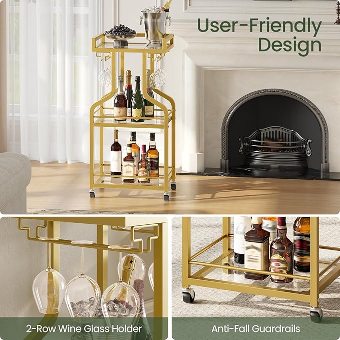Bar Cart, 3-Tier Bar Serving Rolling Cart with Wheels and Wine Glass Holders, Mobile Beverage and Wine Cart, for Kitchen, Dining Room, Gold TTC30GJ