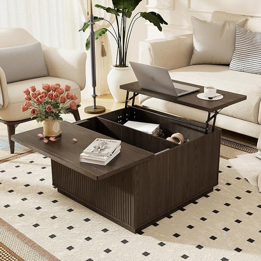 Lift Top Coffee Table with Storage,Fluted Square Center Table with Large Hidden Space,31.5" Coffee Table with Lifting Top,Center Table for Living Room,Dark Gray