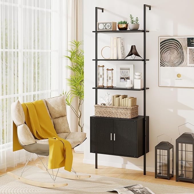 Giantex 72.5" Ladder Bookshelf with Cabinet Set of 2, 5-Tier Tall Wall-Mounted Shelf w/Storage, Modern Style Kitchen Open Shelving Organizer, Heavy-Duty Metal Frame Display Rack for Living Room,Black