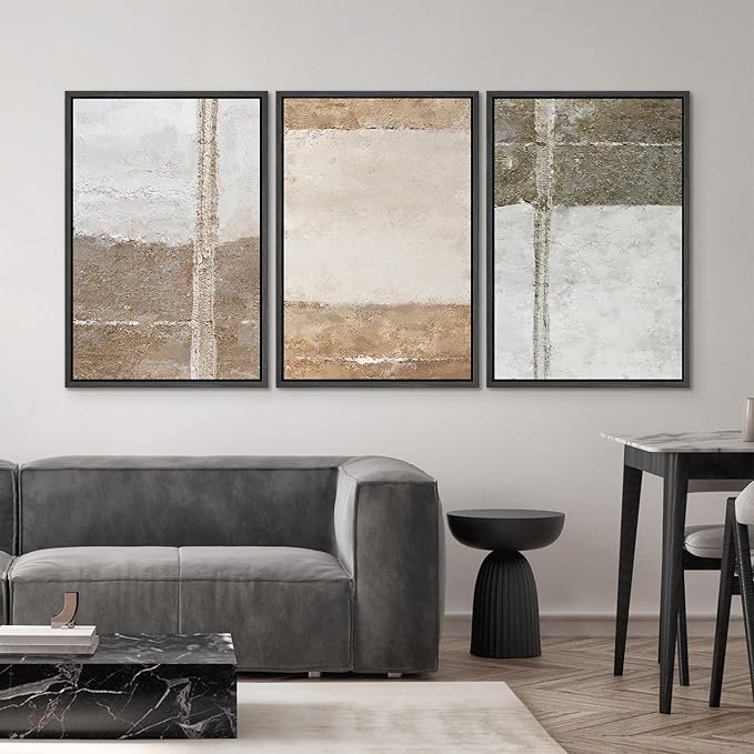 SIGNWIN Framed Canvas Print Wall Art Set Grunge Gray Brown Pastel Landscape Abstract Shapes Illustrations Modern Art Geometric Zen Mid-Century for Living Room, Bedroom, Office - 24"x36"x3 Black