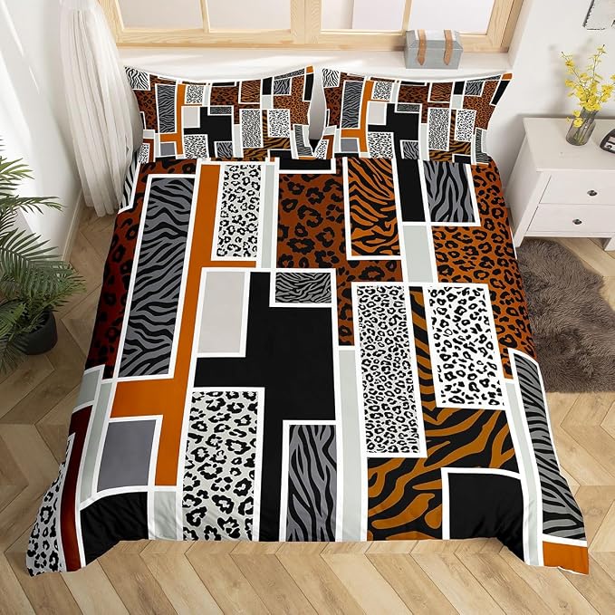 Erosebridal Brown Black Grey Leopard Bedding Set Full African Animal Leopard Skin Print Duvet Cover Cheetah Zebra Wildlife Comforter Cover for Kids Teen Adults,Geometric Stripes Patchwork Bed Set
