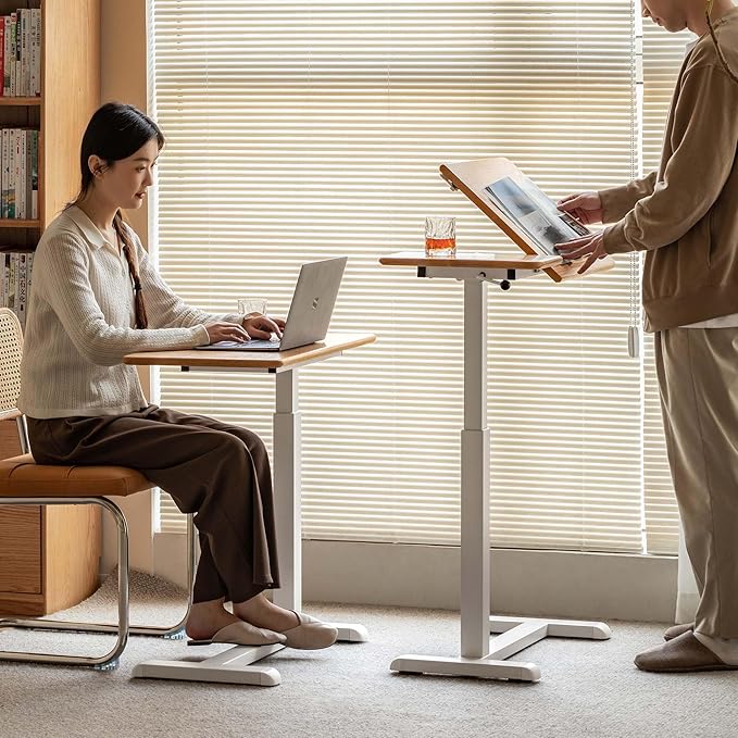 Height Adjustable Bedside Desk, 100% Solid Wood Overbed Table with Wheels, Rolling Laptop Table for Home, Office, Study, Bedroom