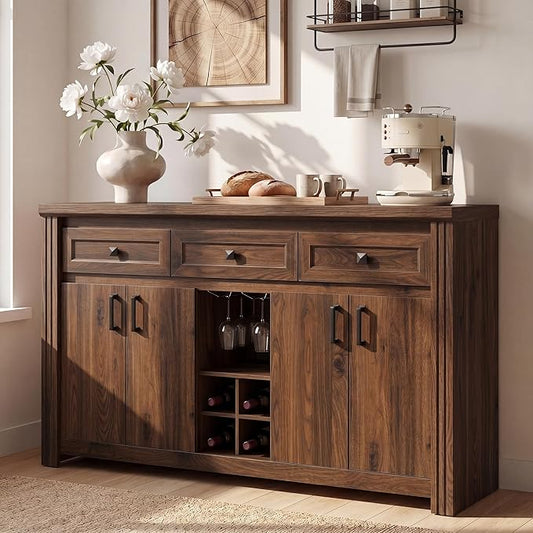 Buffet Sideboard with Storage, 55" Large Kitchen Storage Cabinet with 4 Doors, Wine Rack & Glass Holder, Farmhouse Wood Coffee Bar Buffet Table with Shelves for Kitchen, Dining Room, Walnut