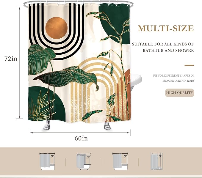 Glawry Green Boho Shower Curtain 60Wx72L Inches, Abstract Retro Mid Century Shower Curtains for Bathroom Decor,Minimalist Tropical Modern Shower Curtain Set Home Decor 12 Pack Hooks