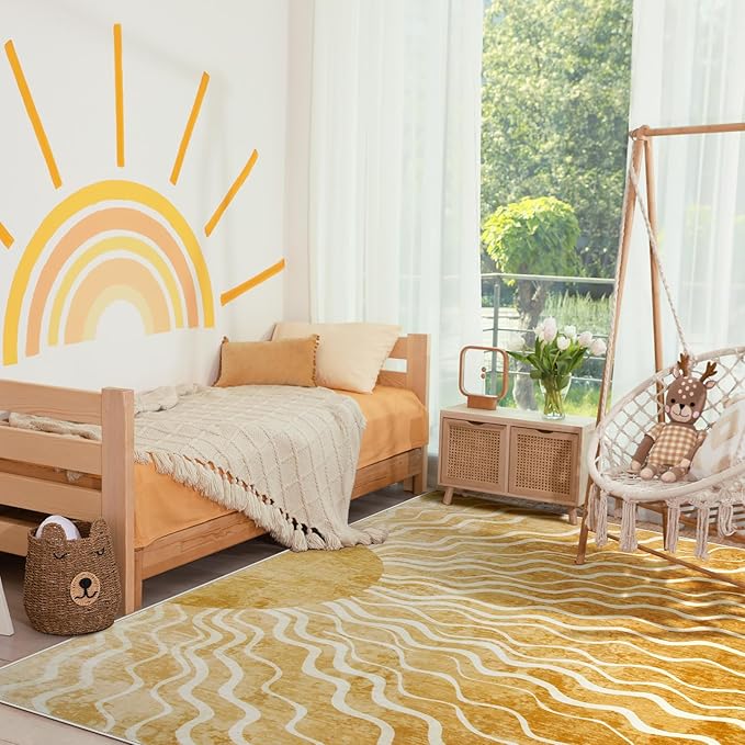 Wonnitar Sun 5x7 Area Rug, Boho Ombre Yellow Bedroom Rug Machine Washable Carpet, Ultra Thin Soft Non Slip Mid Century Nursery Carpet for Kids Room Living Room Playroom Classroom Decor