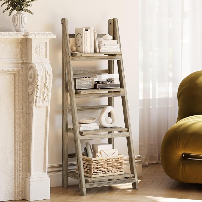 Ladder Shelves - Folding Wooden Ladder Bookshelf, 4-Tier Retro Plant Stand Storage Shelves for Home Living Room, Light Brown