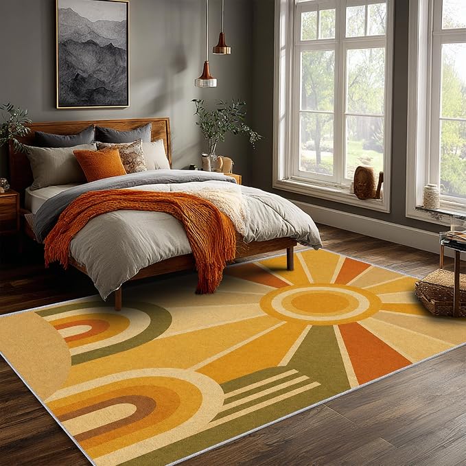 Golden Sunburst Area Rug 4x5, Mid Century Modern Retro Geometric Rug, 70s Style Abstract Washable Low Pile Non Slip Rug for Living Room Bedroom