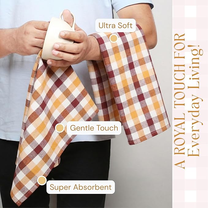 Multi Check Tea Towels 12 Pack Combo, 18"x26", Dish Towels for Kitchen Drying, Reusable Rags, Absorbent, Washable Cloths, Cleaning Towels for Dishes - Rust, Tan, Grey, Burgundy, Brown