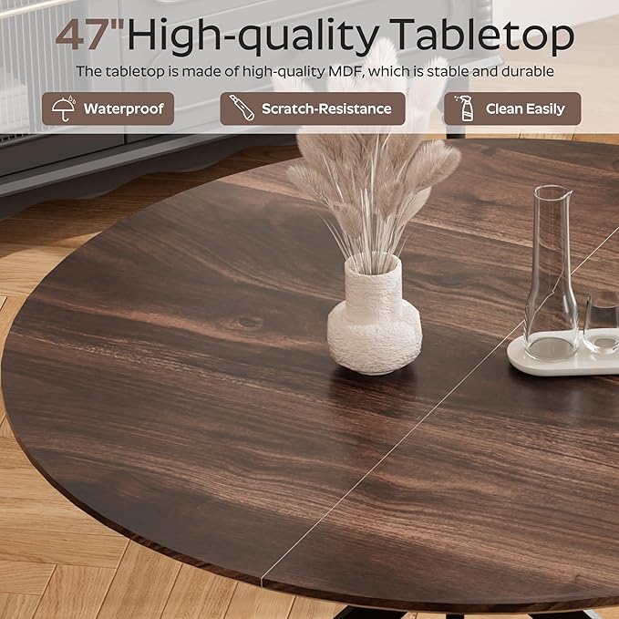 RGZ Mid Century Walnut Round Dining Table Set for 4, 47" Large Wooden Circle Kitchen Table & 4 Black PU Leather Kitchen Chairs, Dinner Table Set for Home, Apartment, Dining Room