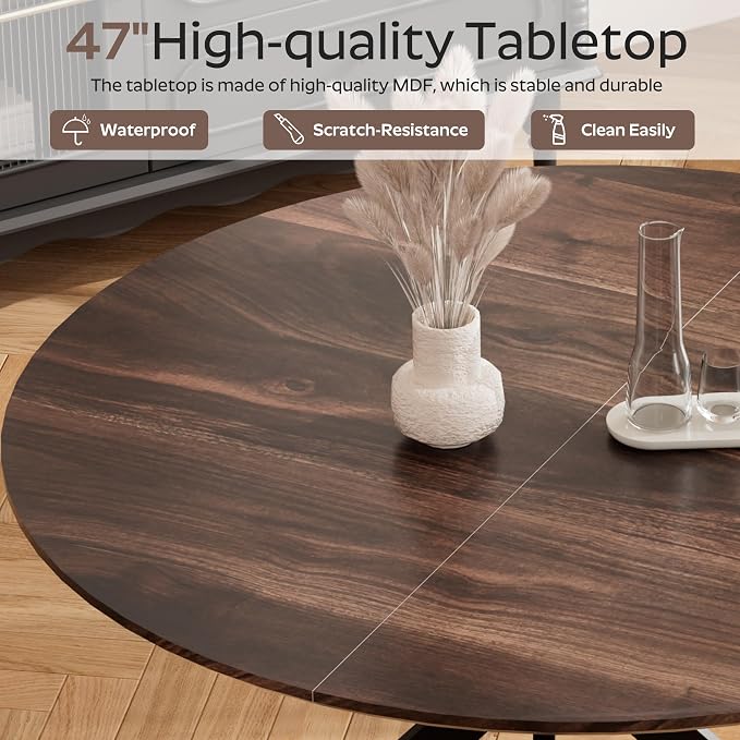 RGZ Mid Century Walnut Round Dining Table Set for 4, 47" Large Wooden Circle Kitchen Table & 4 White PU Leather Kitchen Chairs, Dinner Table Set for Home, Apartment, Dining Room