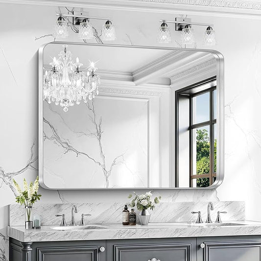 CIRCUMI Silver Bathroom Mirror, 36"x48" Rectangular Mirror with Deep Metal Frame, Rounded Corner, Tempered Glass, Large Mirror for Wall, Over 2 Sinks, Installed Vertically/Horizontally, Crystal-Clear
