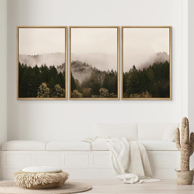 SIGNWIN 3 Piece Framed Canvas Wall Art Brown Foggy Mountains Nature Wilderness Photography Abstract Rustic Canvas Prints Home Artwork Decoration for Living Room,Bedroom - 16"x24"x3 Natural