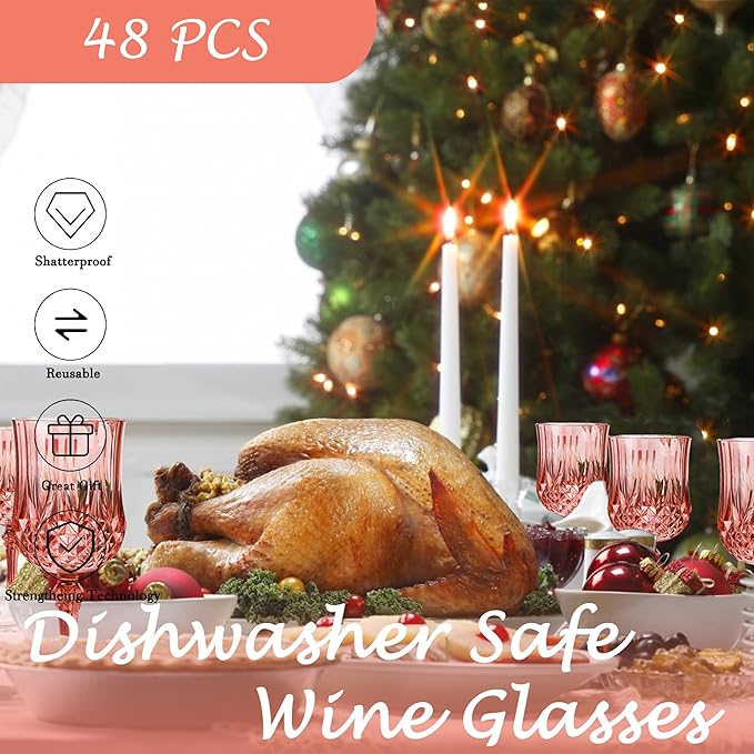 Plastic Wine Glasses, Plastic Goblets Vintage Style Cordial Drinking Glasses for Valentine’s Day, Wedding Reception, Grand Event Party Supplies (48, Rose Gold)