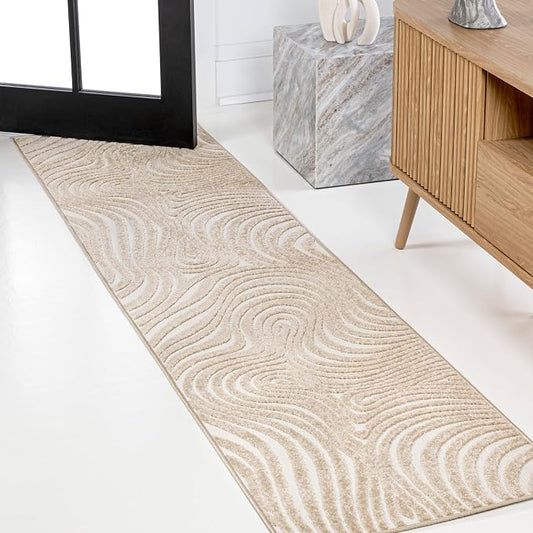 JONATHAN Y Maribo High-Low Abstract Striped Beige/Cream 2x8 Indoor/Outdoor Runner Rug for Patio, Backyard, Living Room, Bedroom, Office, Hose-Washable (SCN103D-28)