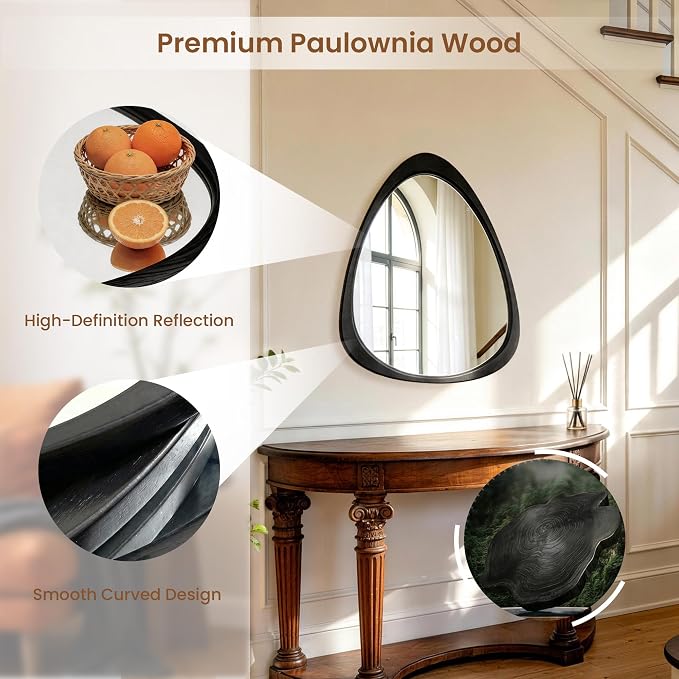24" x 19" Asymmetrical Wall Mirror with Black Wood Frame, Irregular Wall Mirror for Bedroom Entryway Living Room, HD Tempered Glass, Horizontal or Vertical Hanging