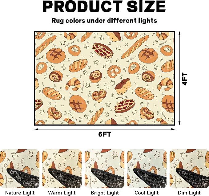 Cute Bread Area Rug 3D Cattoon Carpt Waffle Croissant and Muffin Rugs for Bedroom Living Room Kitchen Nursery Playroom Home Decor Washable Non Slip Floor Mat,4'x6'