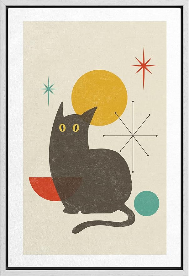 Woodrose Framed Canvas Print Wall Art Retro Vintage Geometric Black Cat Animals Shapes Illustrations Modern Minimalist Chic Relax/Calm Multicolor for Living Room, Bedroom, Office - 16"x24" White
